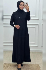 Elele Kadın Polen 2 ip Taşlı Nervürlü Boydan Siyah Elbise