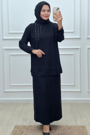 Elele Kadın Nadia 2 ip Kristal Taşlı Siyah Bluz Etek Takım
