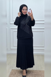 Elele Kadın Nüket Krep Taşlı Piliseli Siyah Etek Bluz Takım