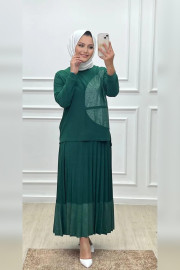 Elele Kadın Balca Deri Baskı Piliseli Sandy Etek Bluz Takım Yeşil