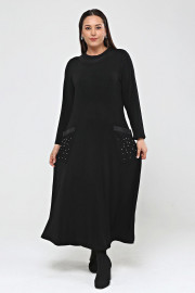 Shine Kadın Çiler Büyük Beden Derili Cepli Taşlı Siyah Elbise