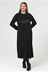 Shine Kadın Evin Büyük Beden Derili Fileli Siyah Elbise